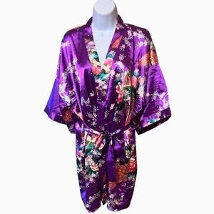 Oriental Village 100% Silk Collection One Size Purple Peacock Floral Robe Kimono